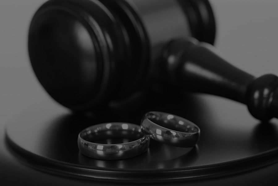 Gavel and wedding rings